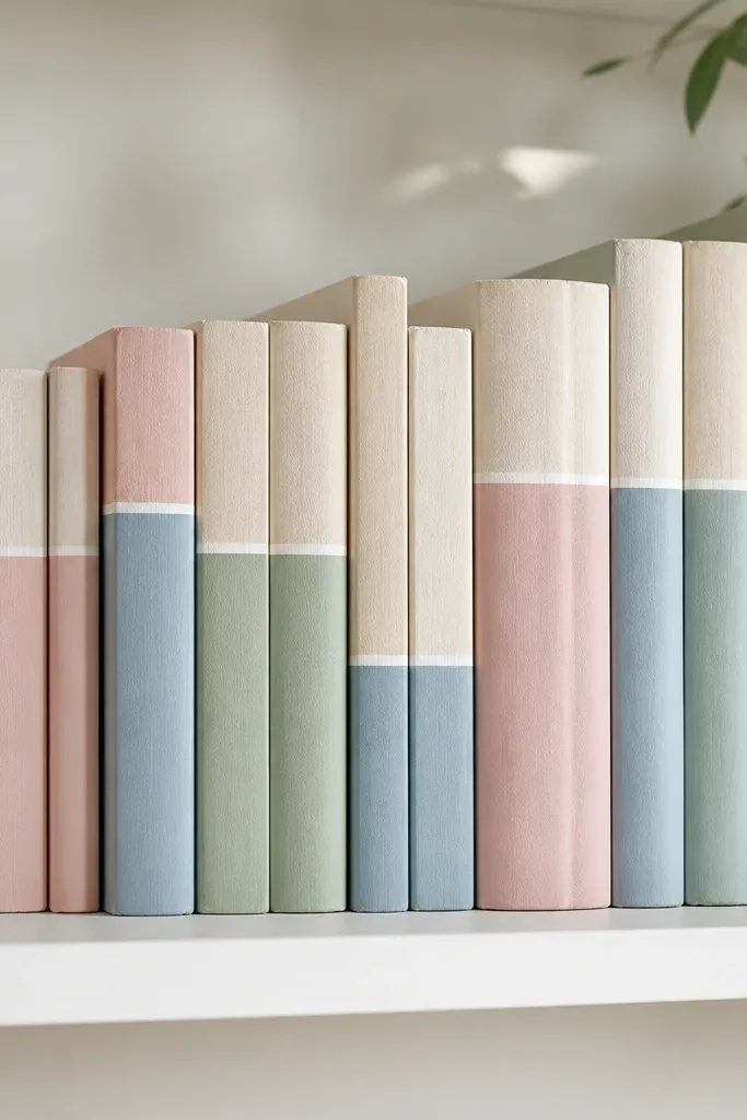 A bookshelf where several books have their spines painted in pastel blush, dusty blue, and sage, with a thin white tape line separating colors.
