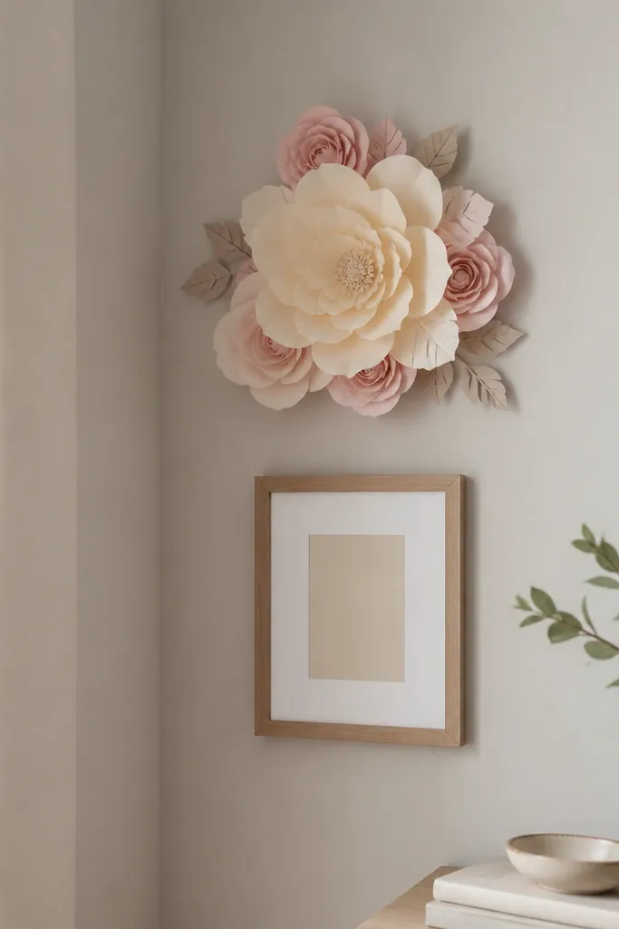 A corner wall with one large paper flower cluster about the size of a dinner plate, built from layered cream, blush, and pale pink paper petals, with a small framed quote beneath.