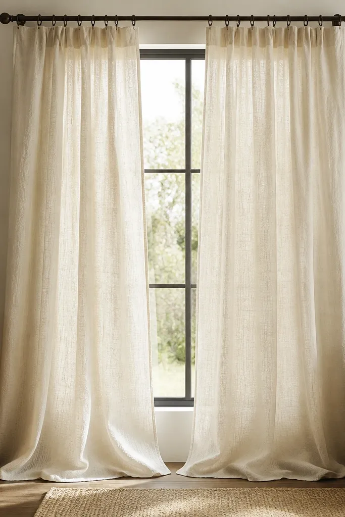 A window covered with floor-length linen curtains in warm off-white, hung on a tension rod with visible fabric rings, slightly pooled at the bottom.