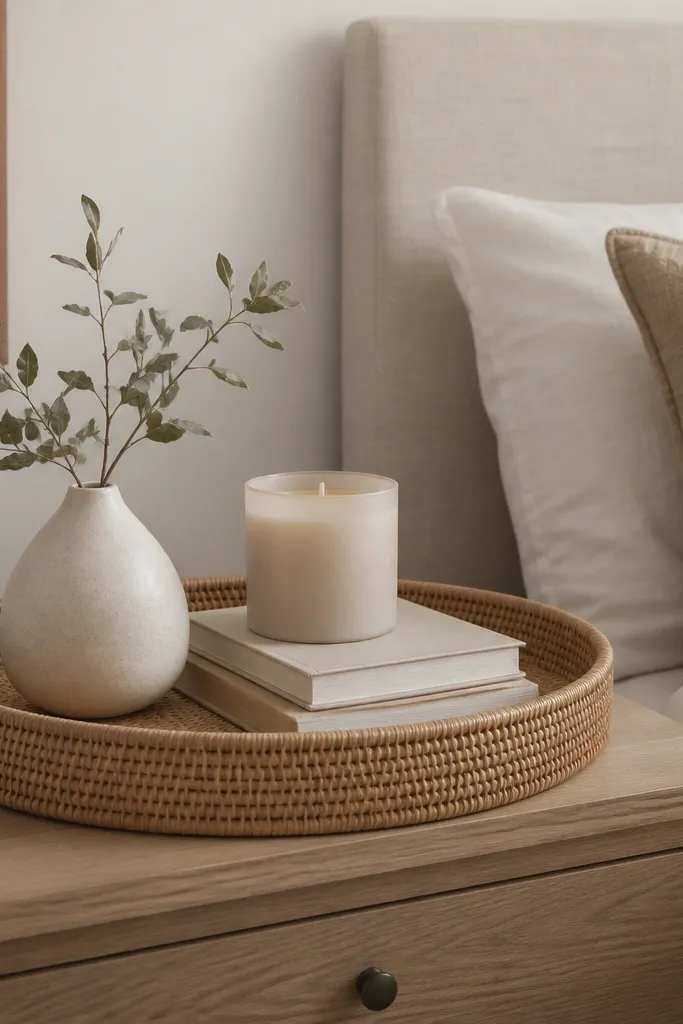 A bedside table with a round rattan tray holding a small off-white ceramic vase, a candle, and a mini stack of books with neutral covers.