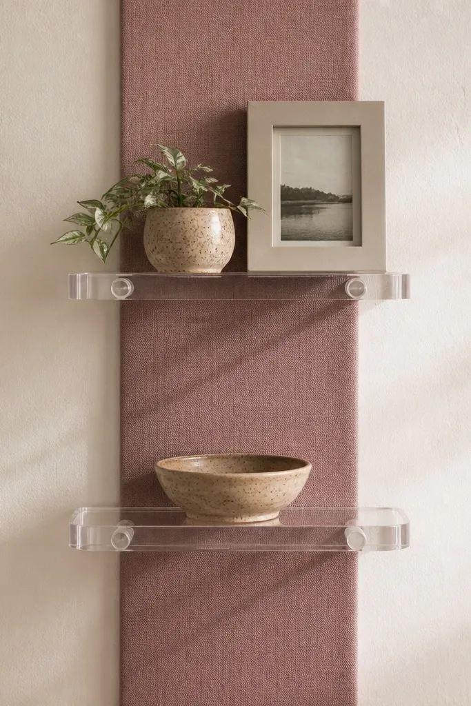 Two small acrylic shelves mounted on a wall, with a dusty rose fabric strip behind them, displaying a tiny plant, a framed photo, and a ceramic bowl.