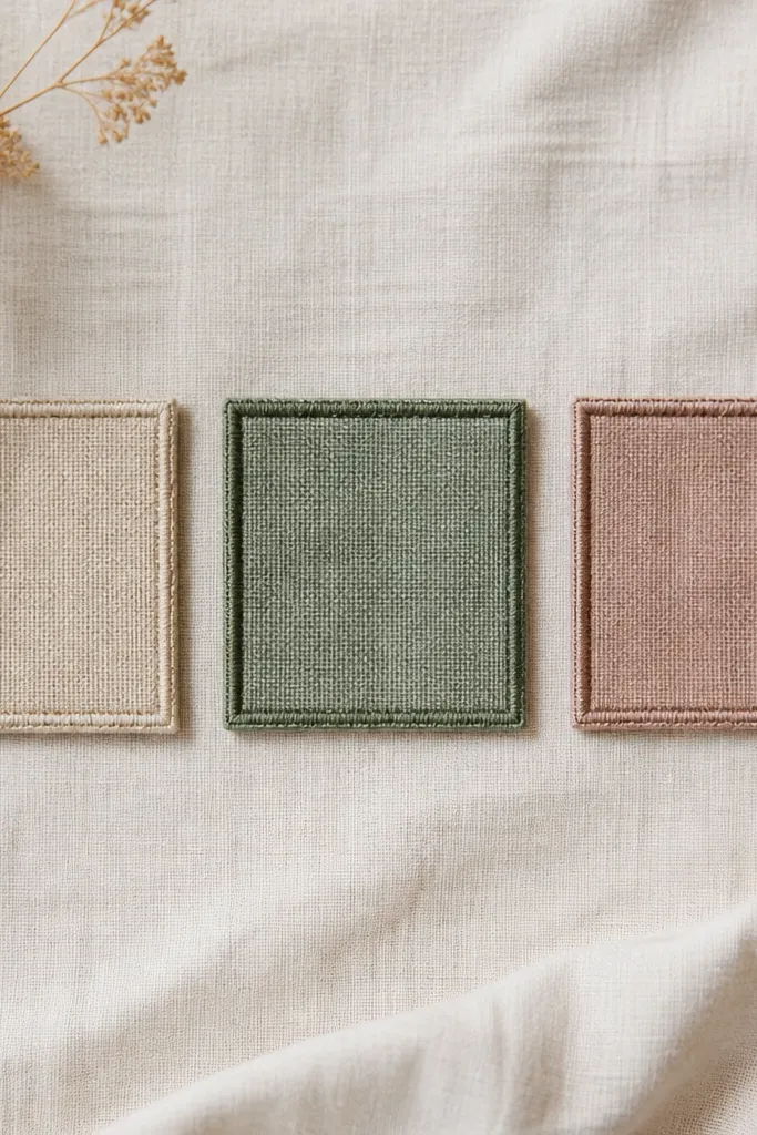 A set of three small frames, each containing a different fabric swatch with a thin border made from matching embroidery thread, laid flat and slightly textured.