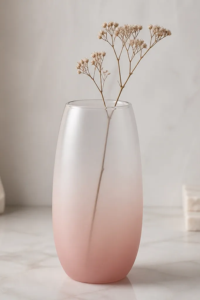 A clear glass vase painted with an ombre fade from pale blush at the bottom to transparent near the top, with a matte finish and a small dried flower inside.