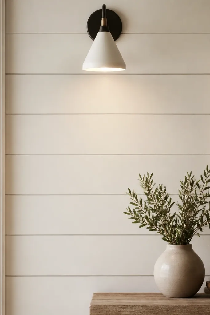 A small section of wall with horizontal thin wood strips painted warm white, creating a shiplap texture, with a simple wall sconce above.
