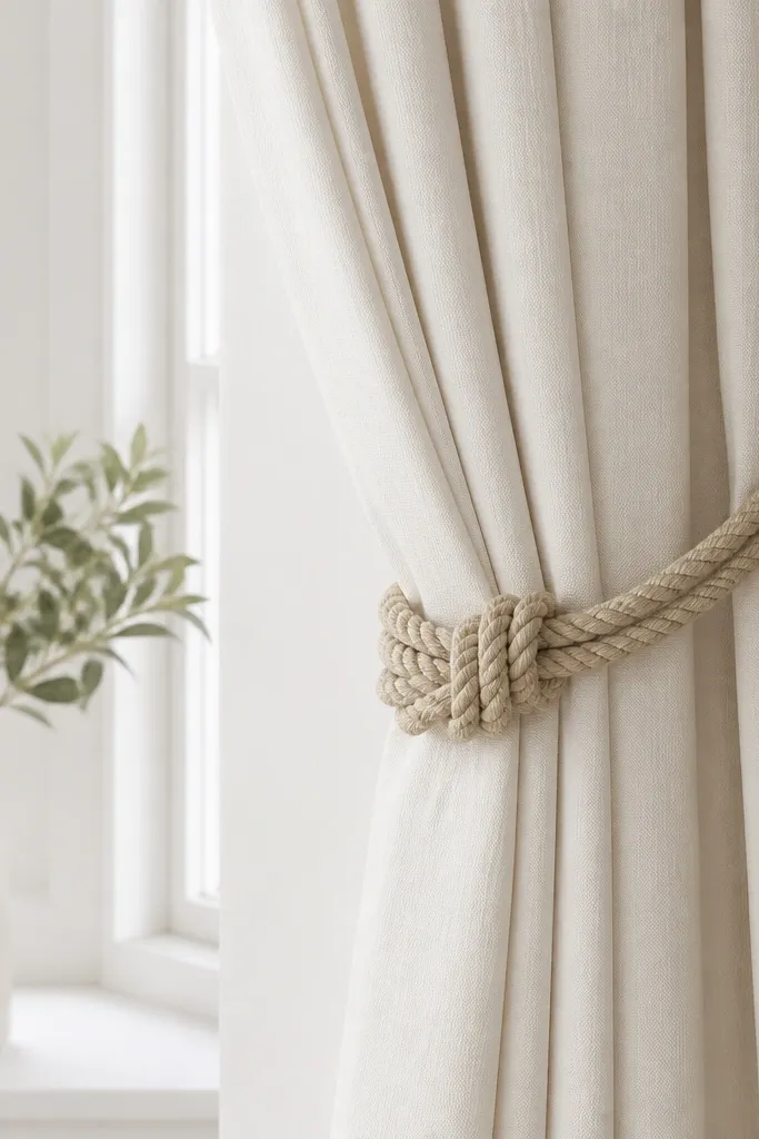 Off-white curtains tied with thick knotted rope tiebacks in a neat loop, holding the fabric in a gentle arc.