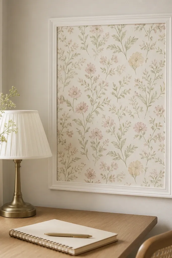 A desk corner with a small framed rectangle of soft floral contact paper on the wall, surrounded by a thin white frame, with a small lamp and notebook below.