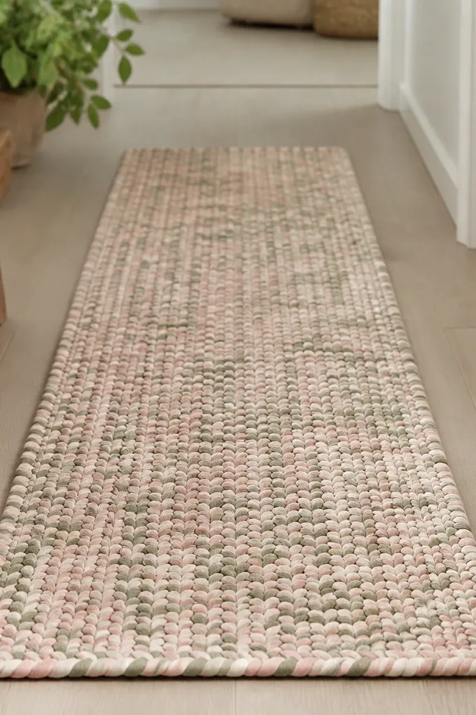 A narrow braided rug runner in muted blush, cream, and sage made from strips of old t-shirts, laid on a light wood floor.
