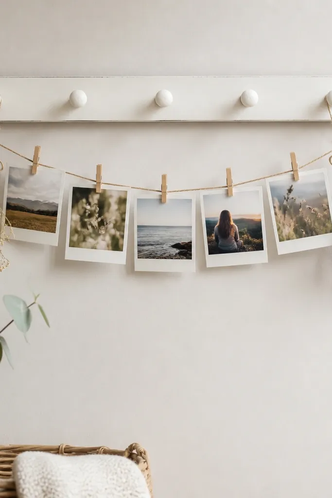 A painted white peg rail mounted on a wall with small fabric clothespins clipped to a string of photos, plus two tiny dried bundles.