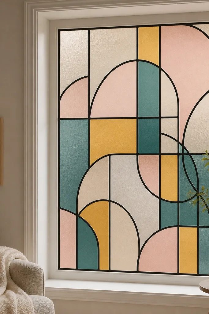 A window covered with a decorative panel made from colored vinyl shapes outlined with black vinyl lines, creating a stained-glass look in blush, amber, and teal.