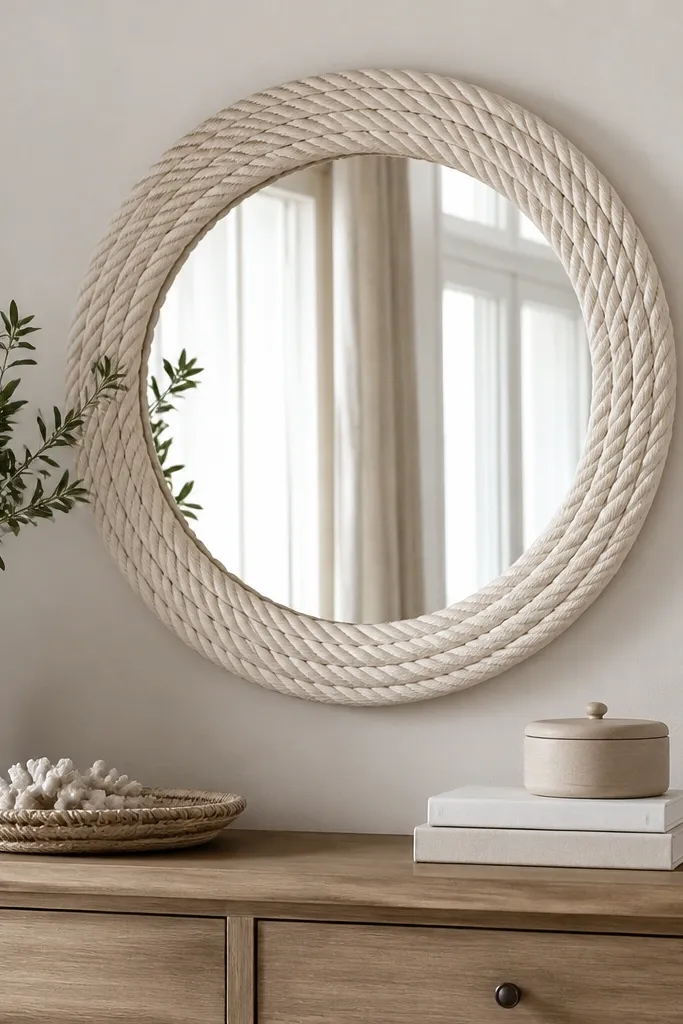 A round mirror with a thick rope wrapped around the outer frame, painted in natural cream, mounted above a dresser.