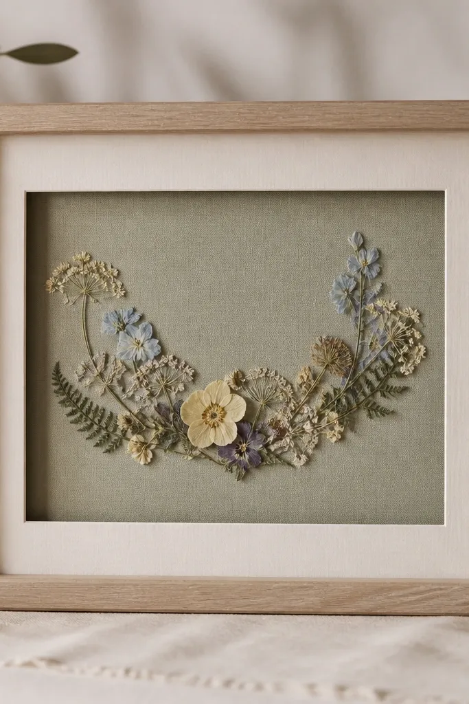 A small shadowbox frame containing pressed dried flowers arranged in a gentle arc, backed with soft sage fabric and a warm white mat.