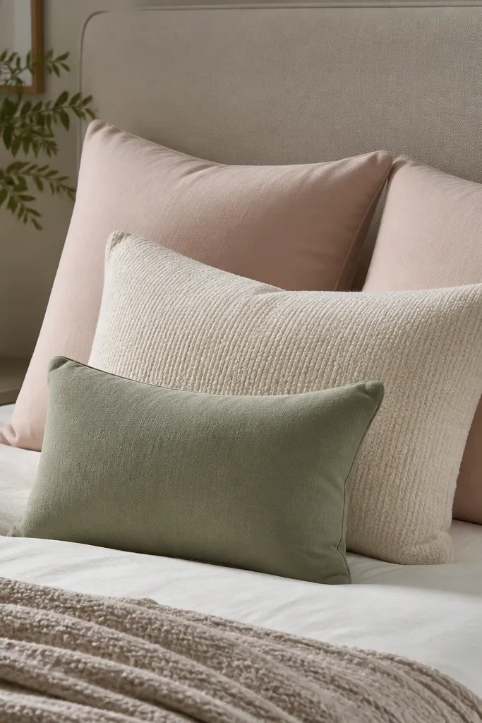 A bed with a headboard piled with four pillows: two blush covers, one cream textured pillow, one small sage accent pillow, arranged in a neat step pattern.