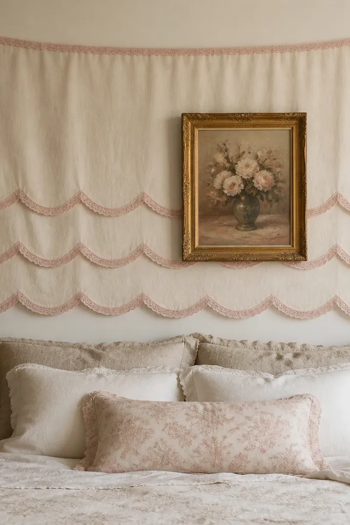 A cream fabric wall panel with scalloped edges, trimmed in pale pink lace, hangs behind a bed. The lace forms repeated half-moon scallops, and a warm gold picture frame sits slightly off-center on top.