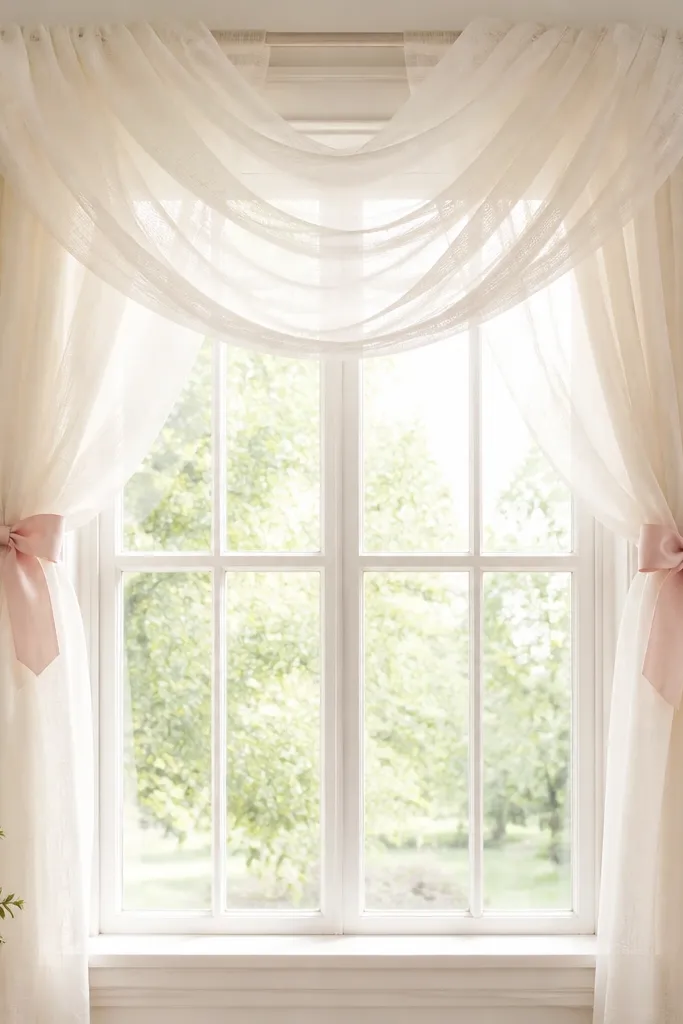 A window with sheer cream curtains gathered by a pale pink ribbon tied into a bow on both sides. The ribbon looks like it's holding a soft, airy valance shape above the window.
