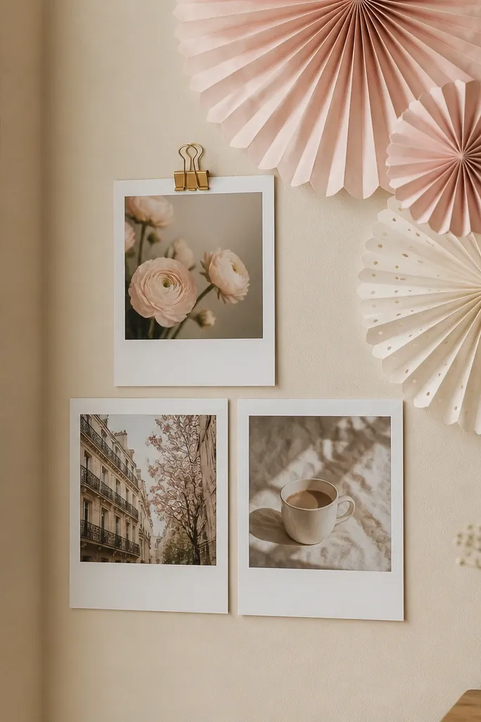 A small corner of a cream wall holds a grid of three polaroid-style prints. Above and beside them are layered paper rosettes in blush pink and white, with a tiny warm gold clip holding one photo.