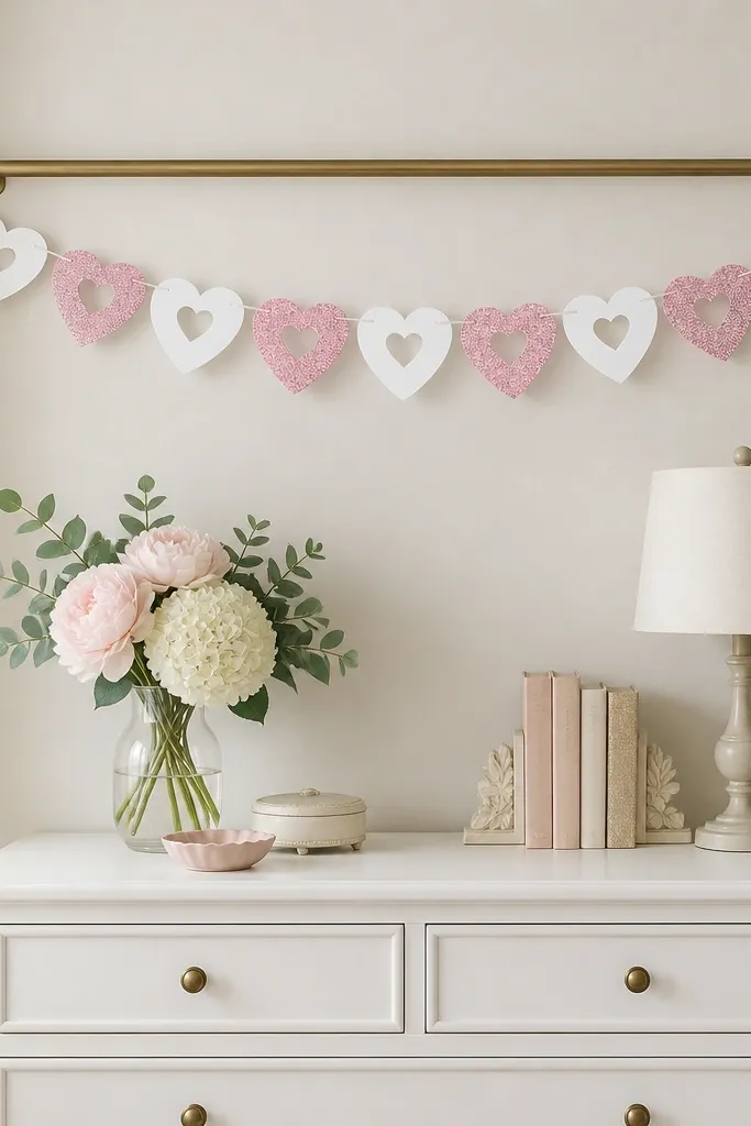 A curtain rod above a dresser holds a heart-cutout garland. The hearts are made from thick white cardstock and pale pink glitter paper, alternating in a neat line.
