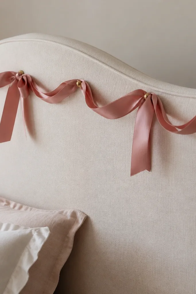 A headboard with a cream fabric base has satin ribbon draped along the top edge. The ribbon forms soft loops and bows in dusty rose, with tiny gold push pins holding it in place.