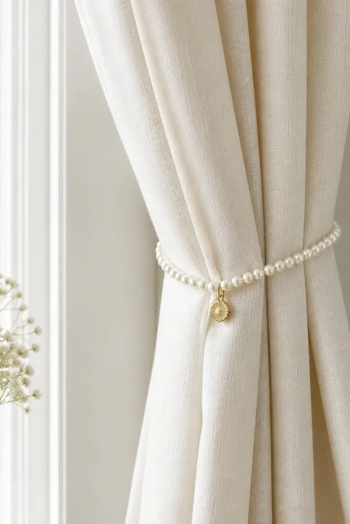 Pearl bead tiebacks hold cream curtains back. Each tieback has a short strand of white pearls with a small warm gold charm at the end.