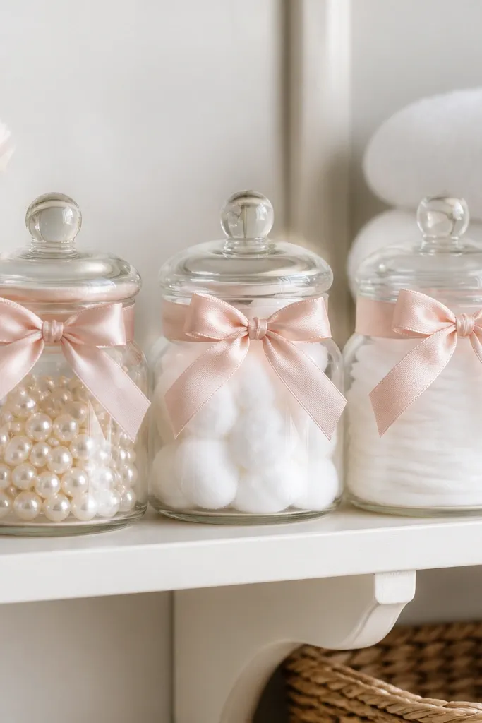 A small shelf has three clear jars with pale pink ribbon labels. One jar has pearl-like beads inside, another has cotton balls, and the labels are tied in neat bows.