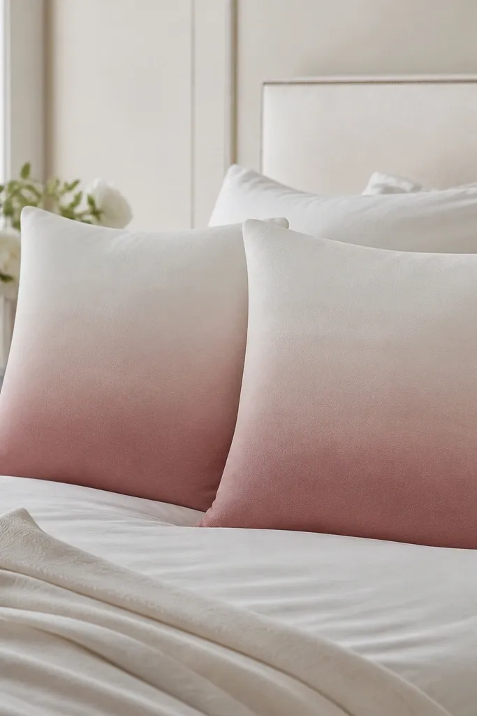 Two sofa pillows on a bed have blush ombre covers fading from white at the top to dusty rose at the bottom. The fabric looks smooth and evenly blended.