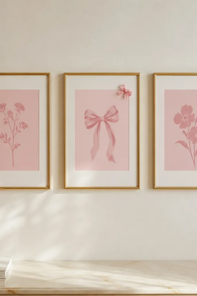 A line of three warm gold frames on a cream wall. Each frame holds a minimalist pink print, and the middle one has a small bow sticker in the corner.