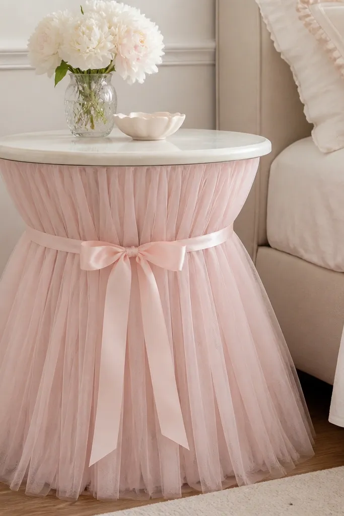 A bedside table base is wrapped with a tulle skirt in pale pink. The tulle flares slightly and looks airy, with a small ribbon bow tied around the center.