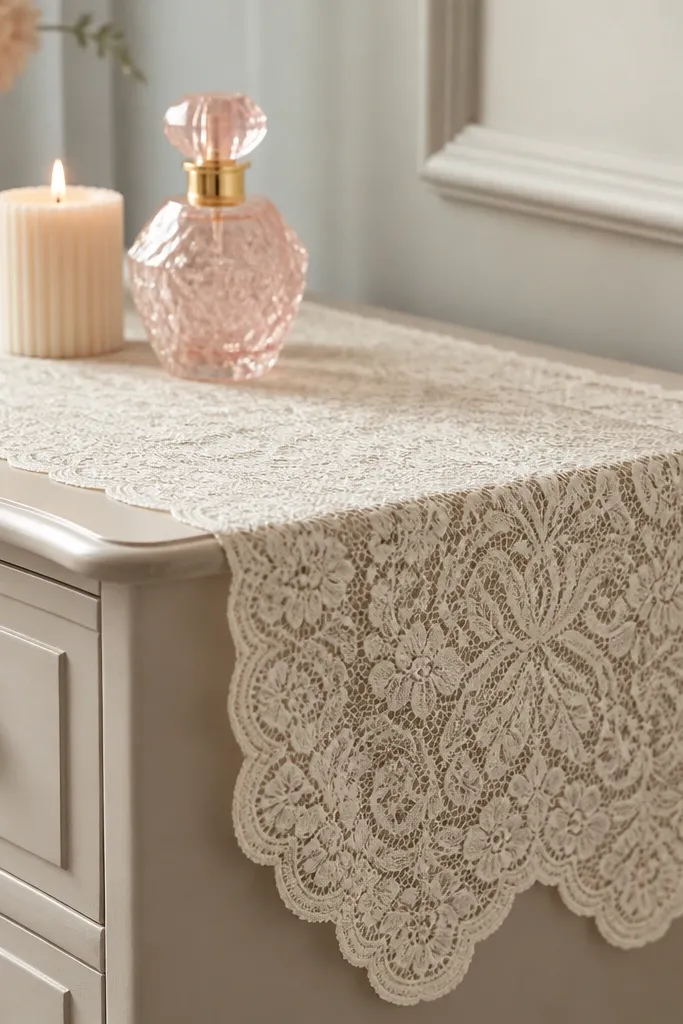 A lace runner in cream drapes over a dresser top, ending in a scalloped edge. A small candle and a pink perfume bottle sit on top.