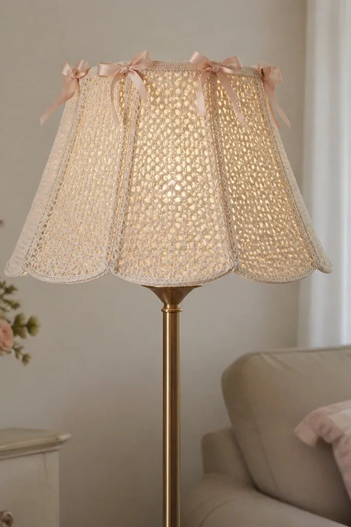A floor lamp shade has a soft cream cover with crochet-like openwork texture. Small blush ribbon bows are tucked around the top rim.