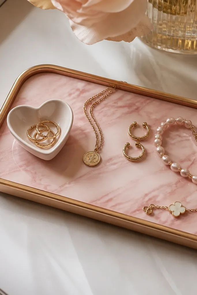 A small vanity tray is covered in blush marble contact paper. The tray has a warm gold edge and holds jewelry, with a tiny heart dish in the corner.