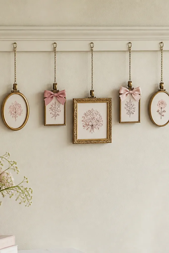 A cream wall has a painted picture rail. From the rail hang several tiny frames with blush prints, and a few frames have mini bows clipped on.