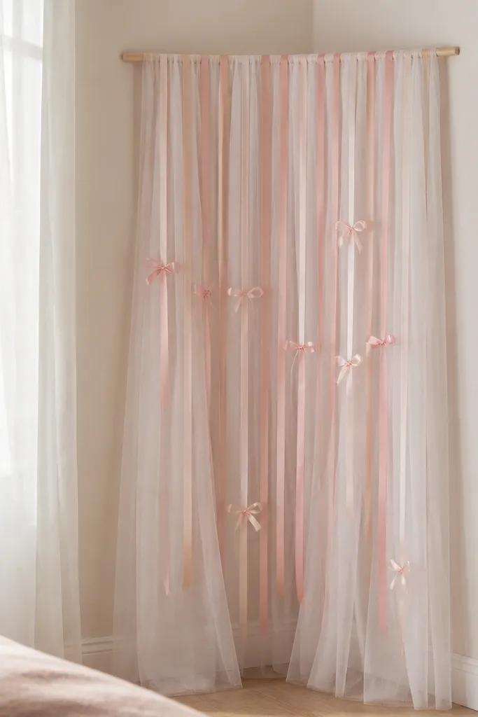 A wall corner has a simple wooden dowel with strips of tulle and ribbon hanging down. The tulle is white and pale pink, and the ribbons end in small bows.