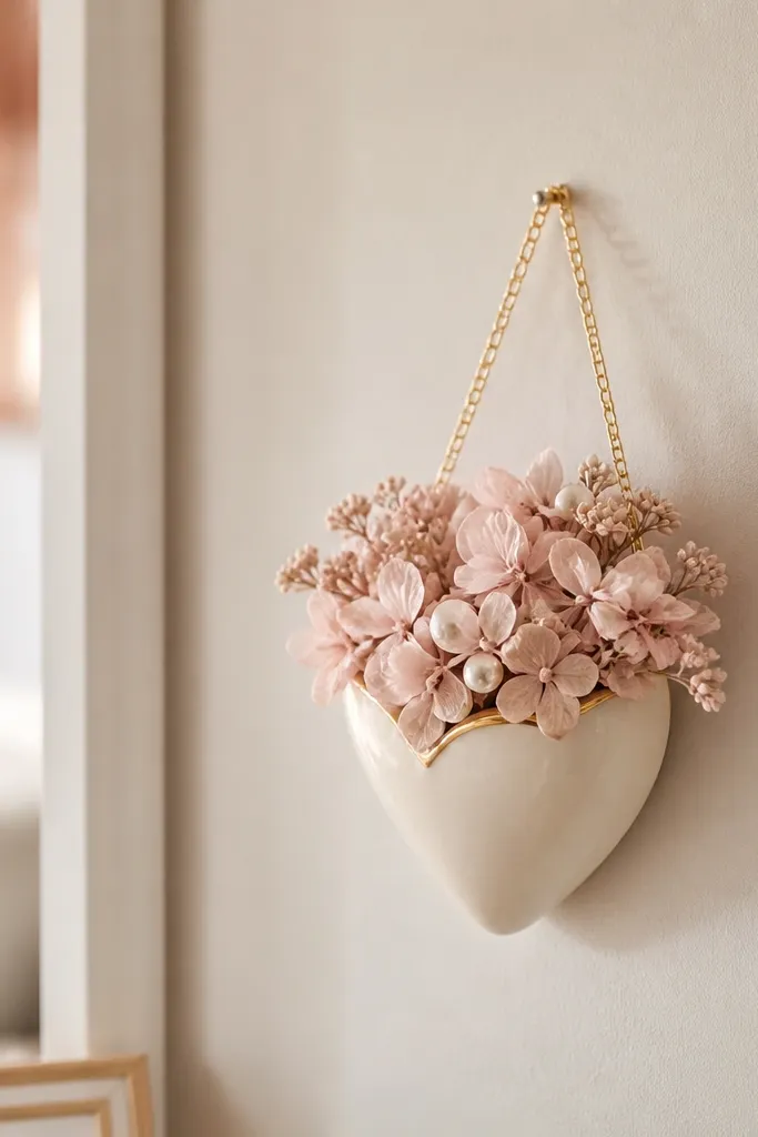 A small heart-shaped planter hangs on a cream wall. Inside are faux blush flowers with a few pearl bead accents and a tiny warm gold chain.
