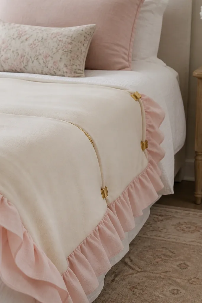A bed has a cream throw with pale pink ruffles. The throw is clipped neatly at the side edge with small gold clips, keeping it from sliding.