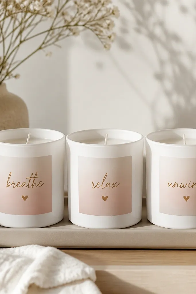 Three white candles on a tray have blush ombre labels. Each label has a handwritten-style word and a small heart icon in warm gold ink.
