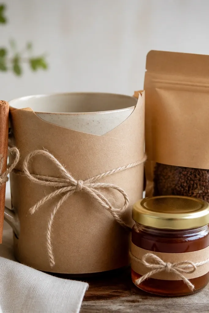 A kraft paper-wrapped mug with a cinnamon stick tied to the handle, a small glass jar labeled cinnamon sugar syrup, and a packet of cinnamon vanilla coffee grounds tucked beside it.
