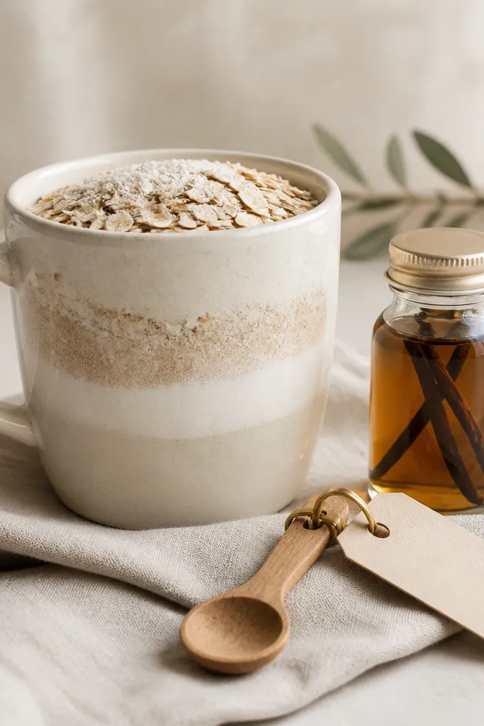 A cream-colored mug filled with layered vanilla oat latte mix, a small jar of vanilla bean syrup, and a tiny wooden spoon charm clipped to a tag.