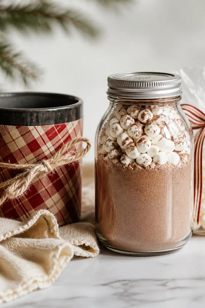 A dark mug wrapped in red-and-cream plaid paper, a jar of hot cocoa mix with a fluffy topping label, and mini marshmallows in a clear bag tied with ribbon.
