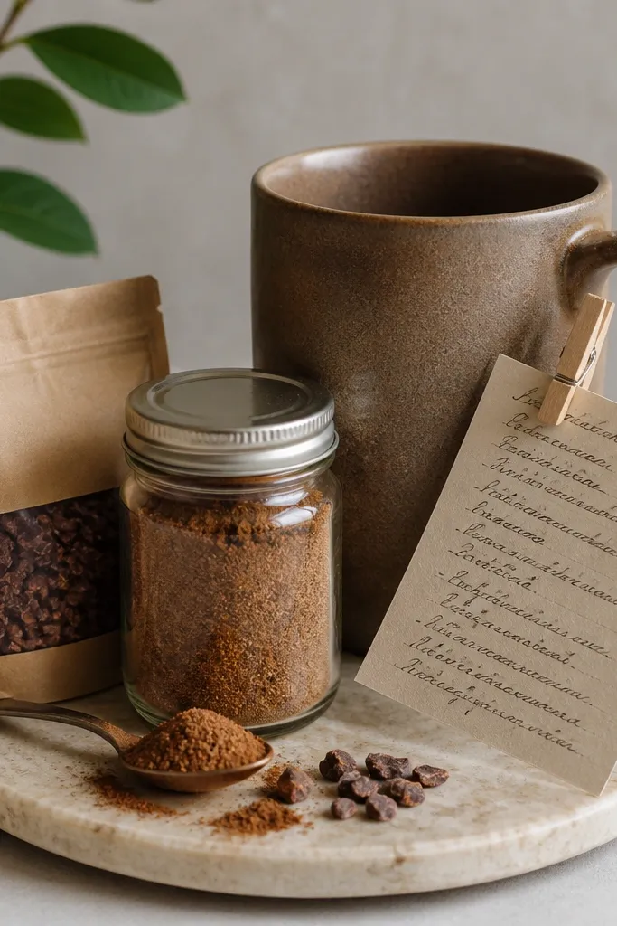 A mocha-colored mug with a jar labeled mocha spice rub, a small bag of cocoa nibs, and a handwritten recipe card clipped to the handle with a clothespin.