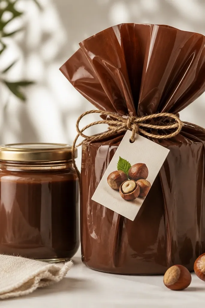 A brown mug wrapped in glossy chocolate paper, a jar of hazelnut syrup, and a label that includes a small printed photo of hazelnuts.