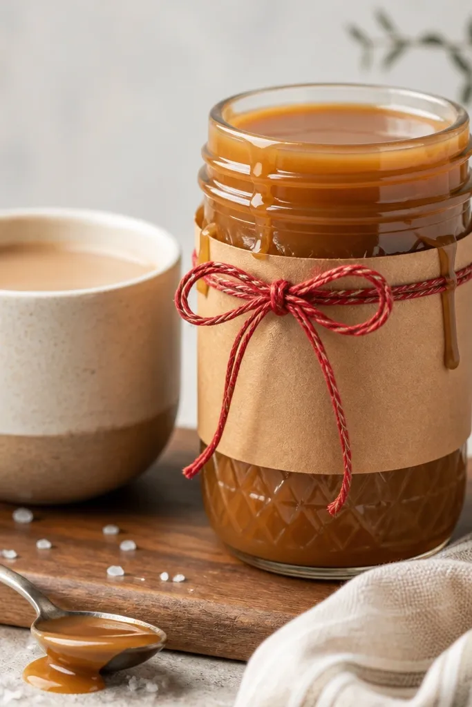A mason jar filled with salted caramel syrup, wrapped in a brown paper sleeve with a red twine bow, alongside a light caramel mug.