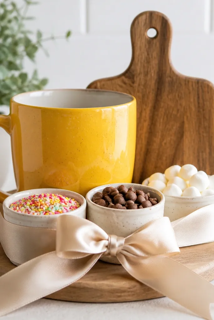 A bright mug with a small board behind it, three tiny cups of sprinkles, chocolate chips, and mini marshmallows, all tied in a ribboned bundle.