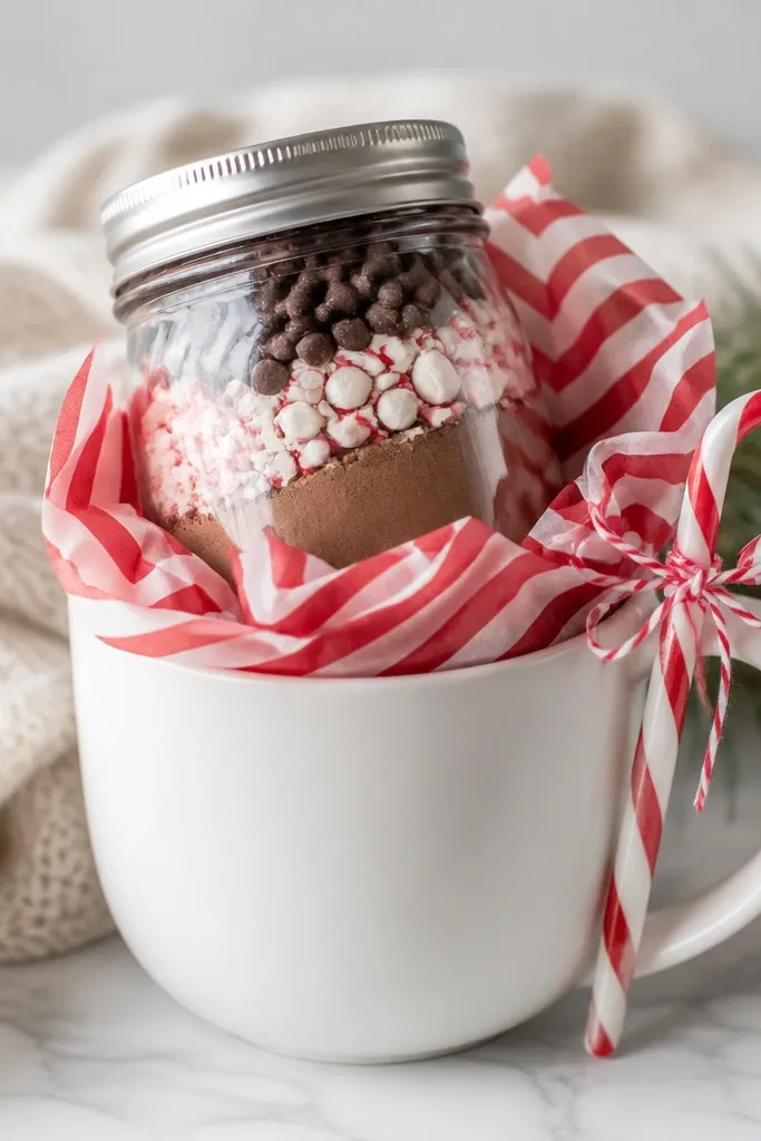 A white mug holding a jar of peppermint mocha mix, a candy cane shaped stir stick tied to the handle, and red-and-white striped tissue paper.