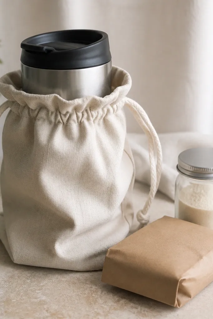 A stainless travel mug inside a drawstring fabric pouch, with a small jar of instant creamer and a paper-wrapped packet of coffee grounds.