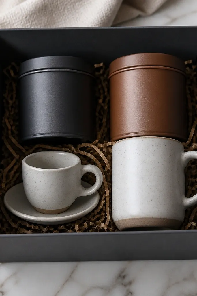 A small espresso cup set next to a mug, with two labeled tins - one for espresso powder and one for cocoa mix - all in a dark gray gift box.