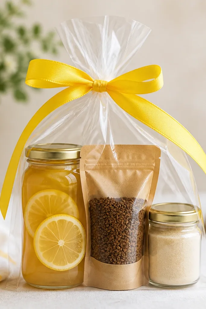 A clear plastic sleeve holding a jar of lemon syrup, a packet of instant coffee, and a small jar of vanilla sugar, with a bright yellow ribbon.