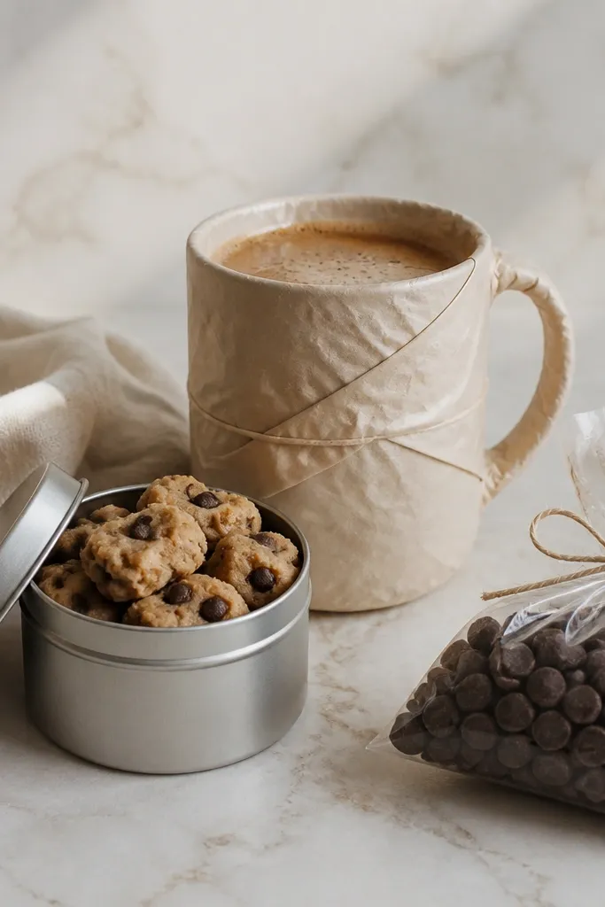 A small metal cookie tin labeled cookie dough mocha, a mug wrapped in pale beige paper, and a clear bag of chocolate chips tied with twine.
