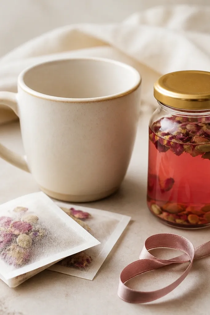 A cream mug with a jar of cardamom rose syrup, two folded tea sachets labeled rose cardamom, and a small rose-colored ribbon.