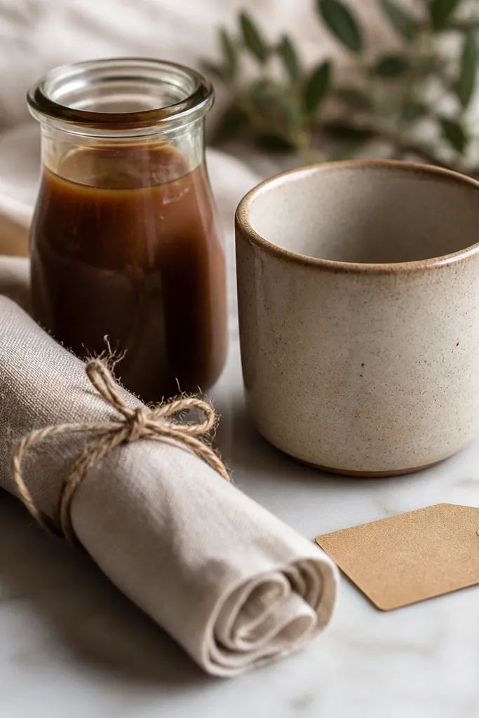 A rolled linen napkin tied with twine next to a mug, a jar of brown sugar cinnamon syrup, and a small tag printed on kraft paper.