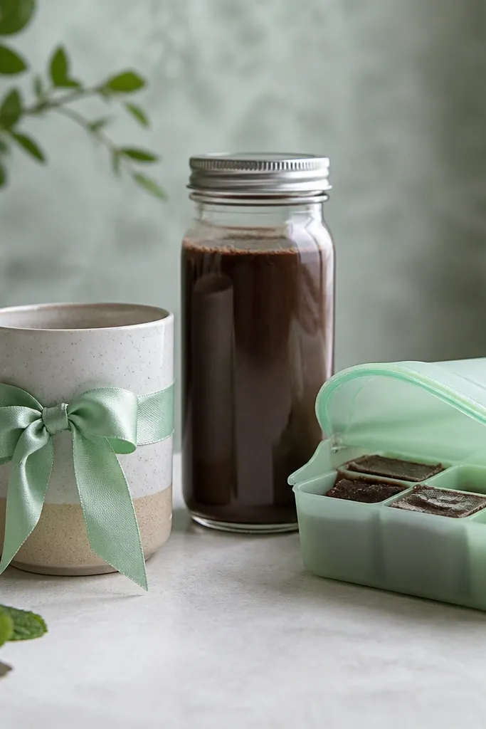 A mug with a mint-green ribbon, a jar of chocolate mint syrup, and a small reusable silicone bag shaped for freezing cubes.