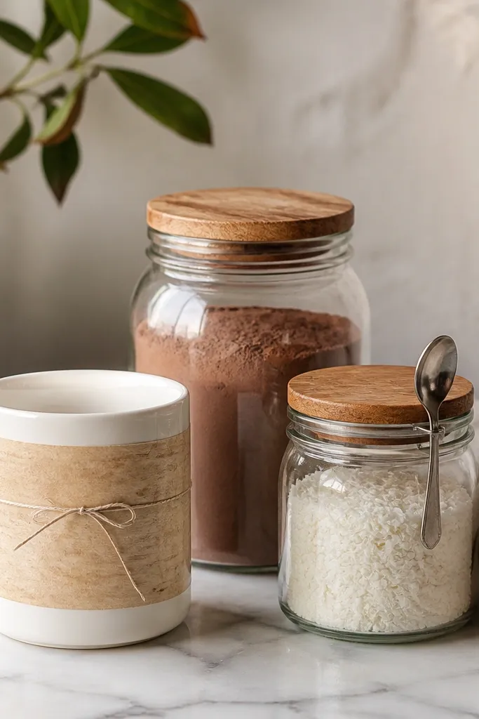 A white mug wrapped in light beige paper, a jar of cocoa mix, and a second jar of shredded coconut with a small metal spoon clipped to the lid.